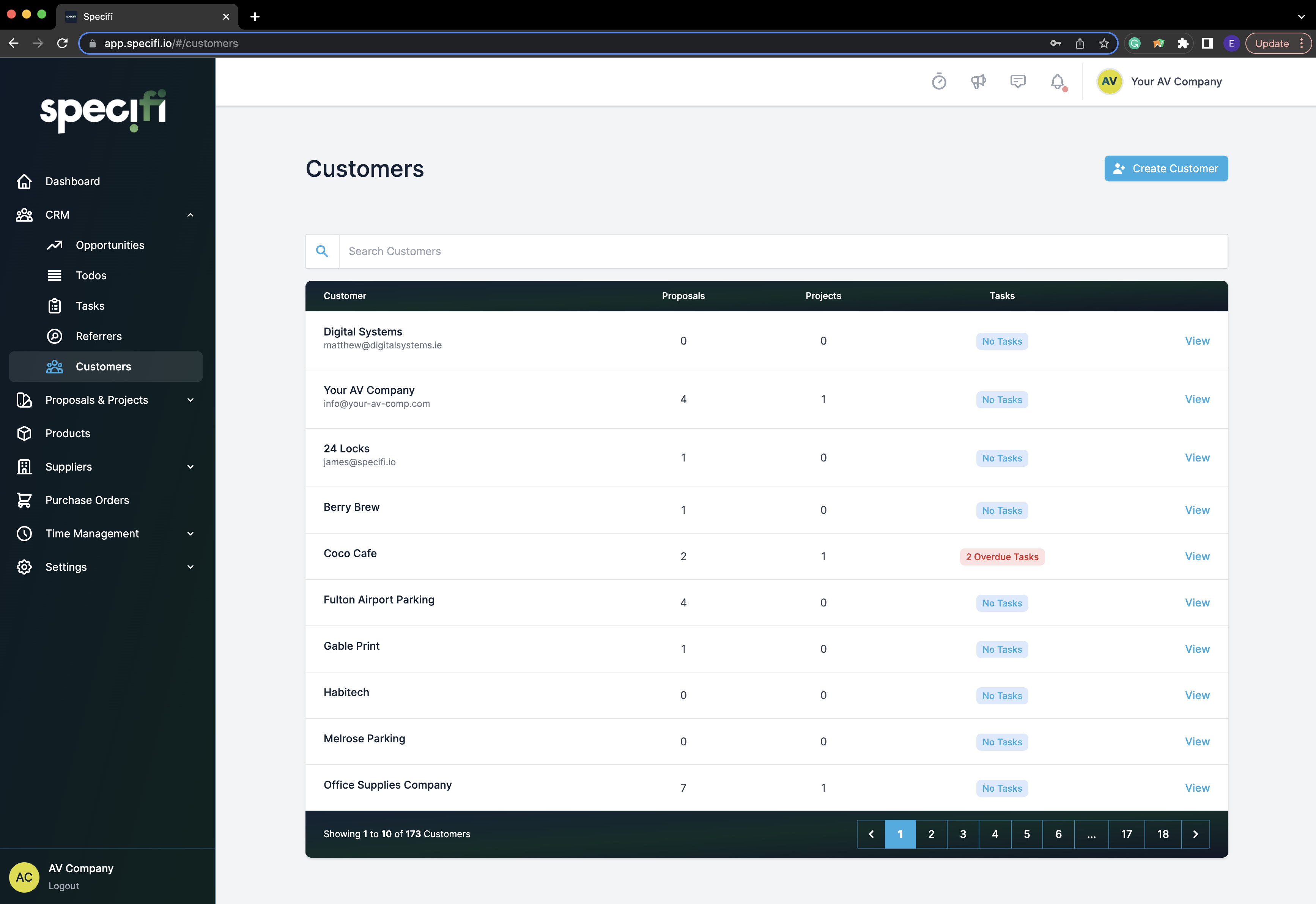 Specifi CRM customers table with proposals, projects, and tasks