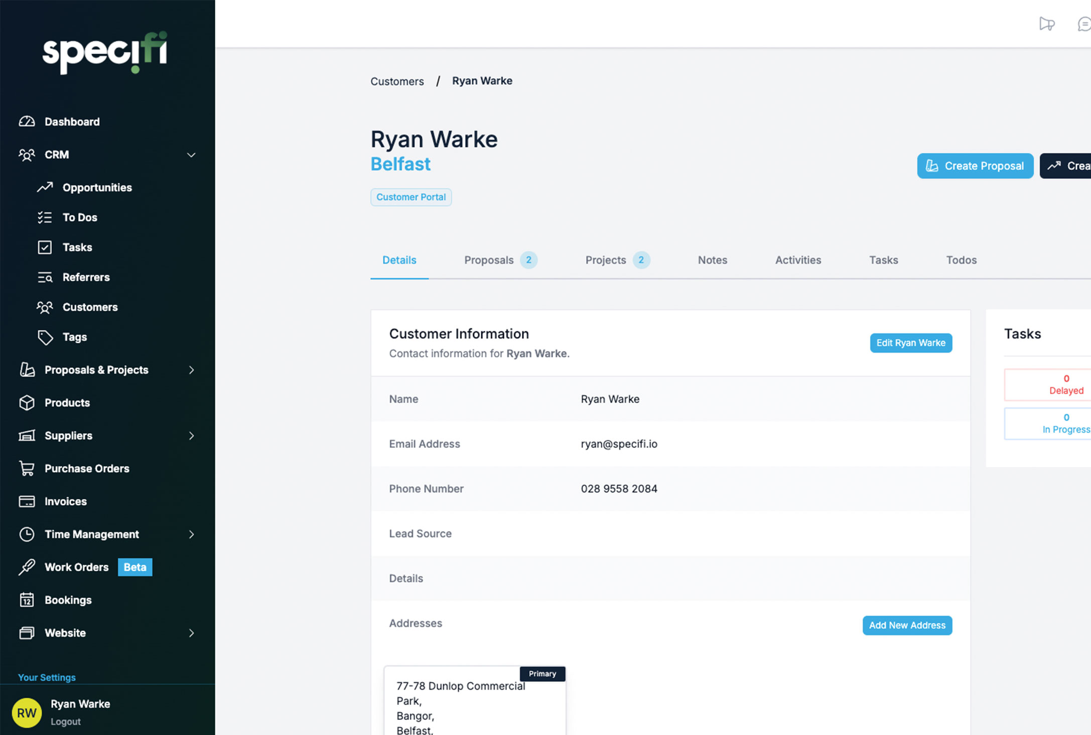 Specifi CRM customer record with customer portal access and project tabs