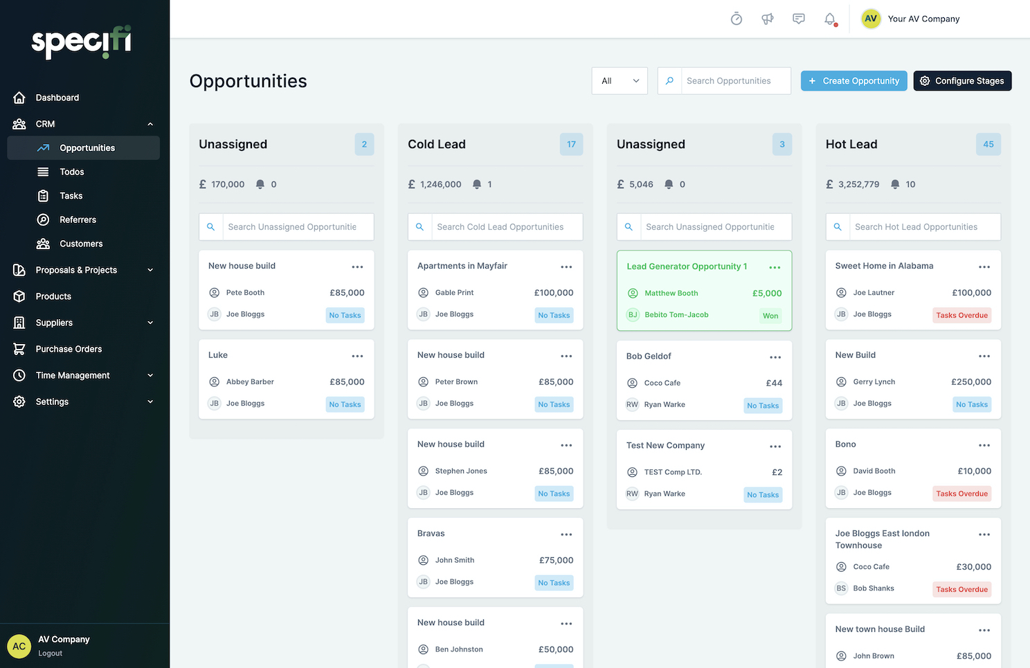 Specifi CRM opportunities pipeline board