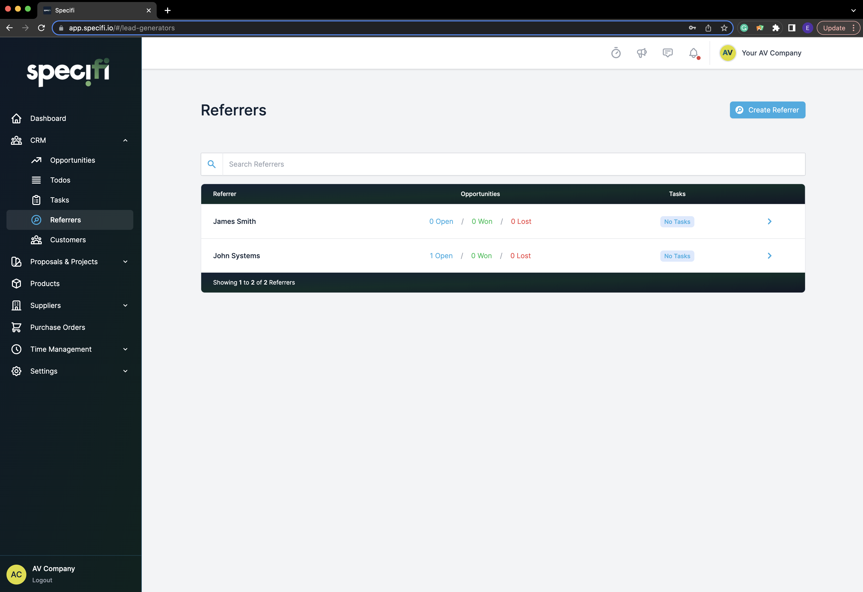 Specifi CRM referrers list with open, won, and lost opportunity counts