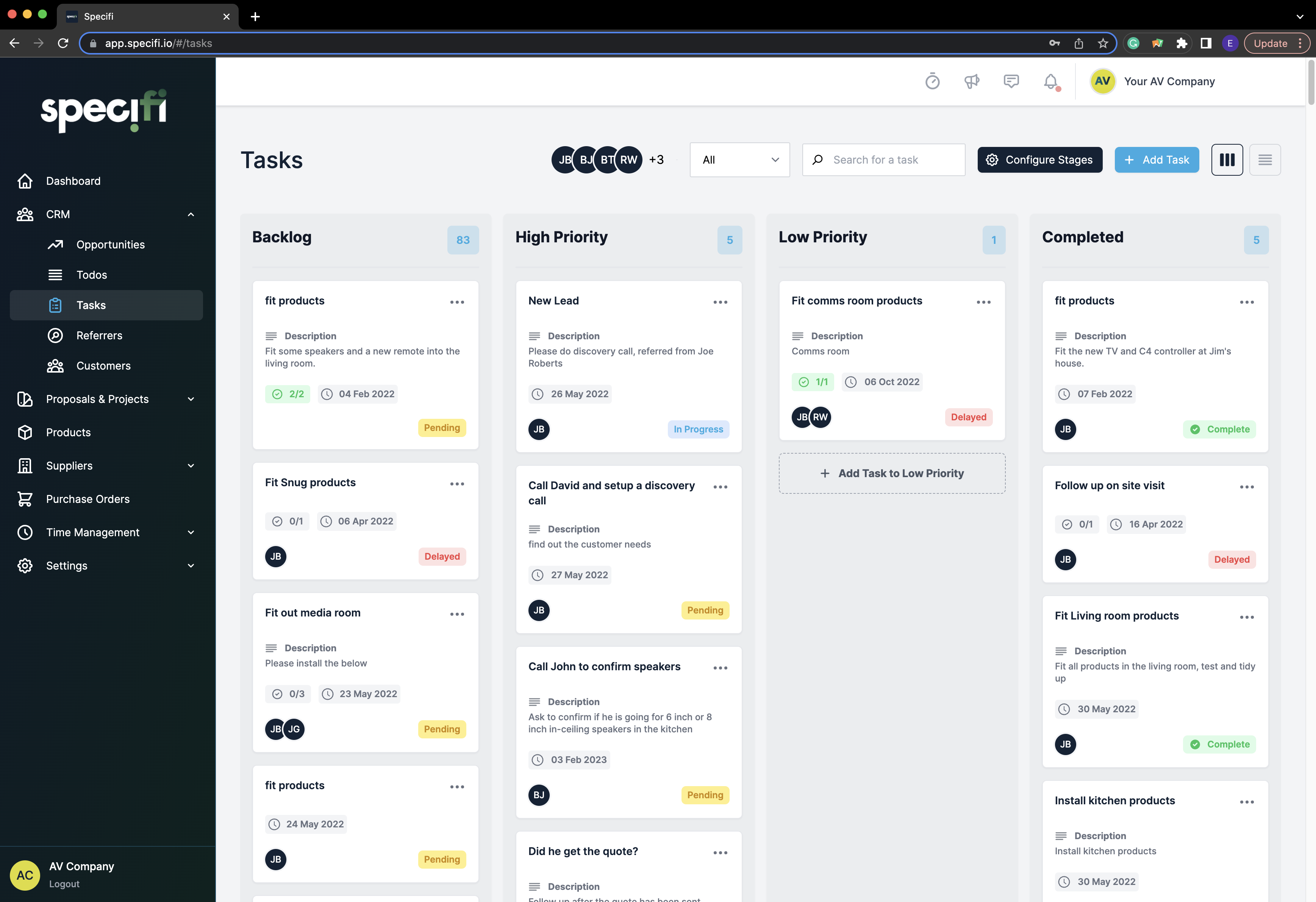 Specifi CRM task board with priorities and completion states