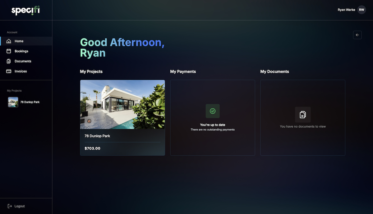 Specifi branded customer portal dashboard