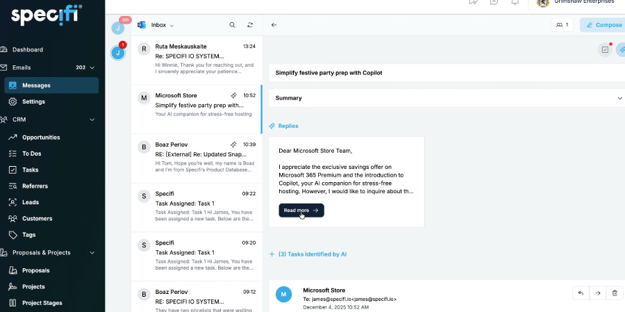 Specifi customer email timeline linked to CRM record