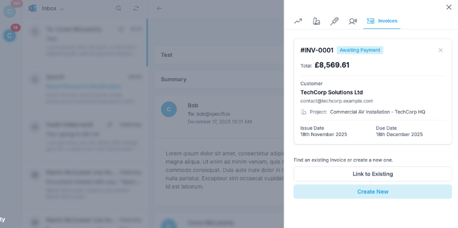 Specifi email linked to invoice and payment record
