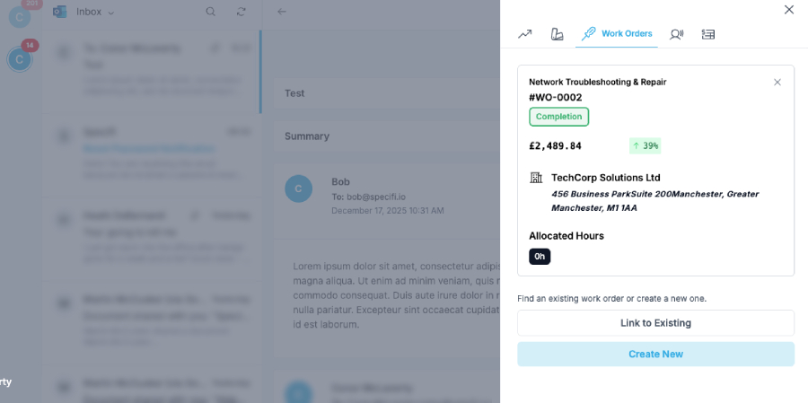 Specifi email linked to work order workflow