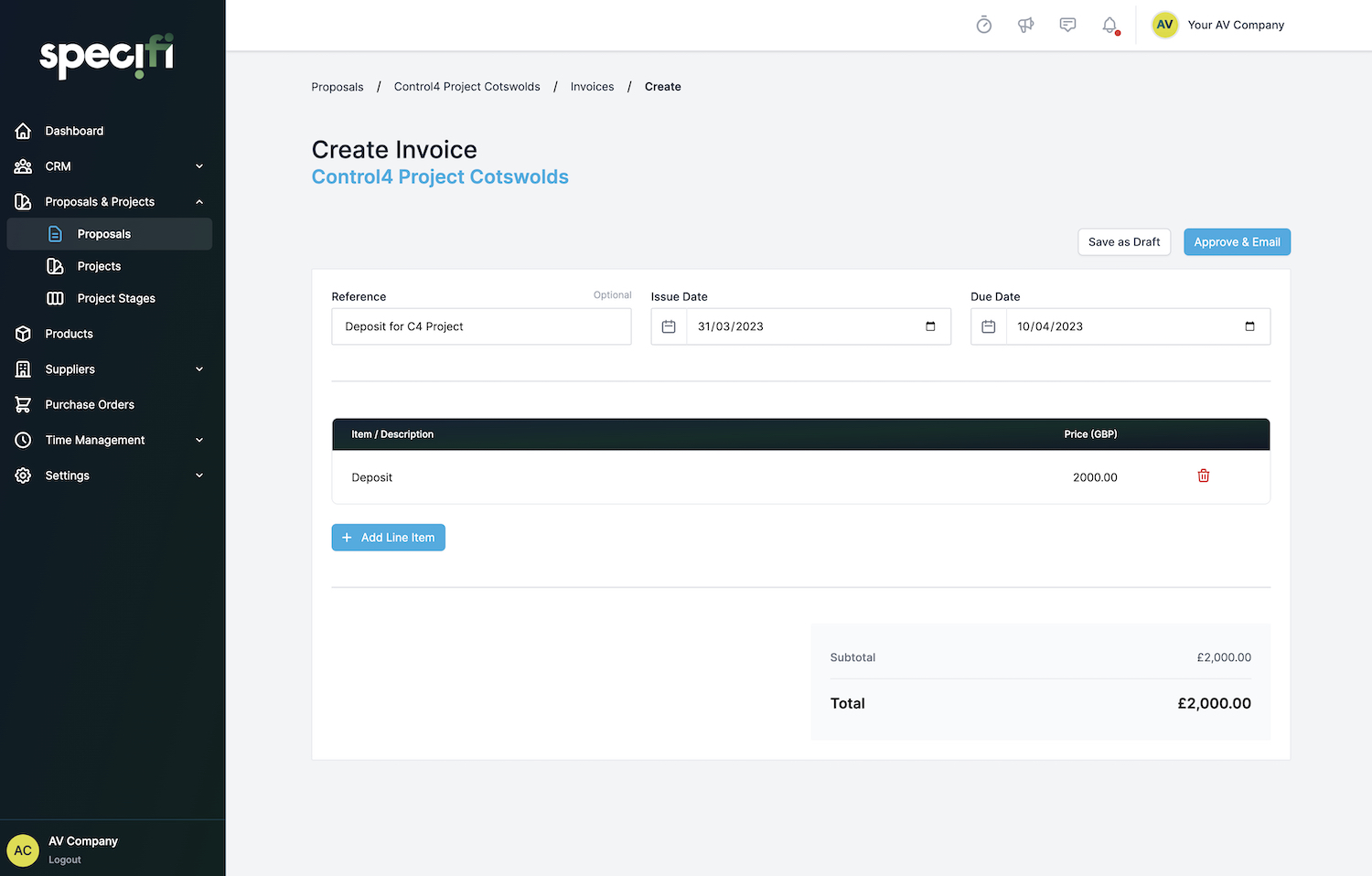 Specifi invoicing dashboard
