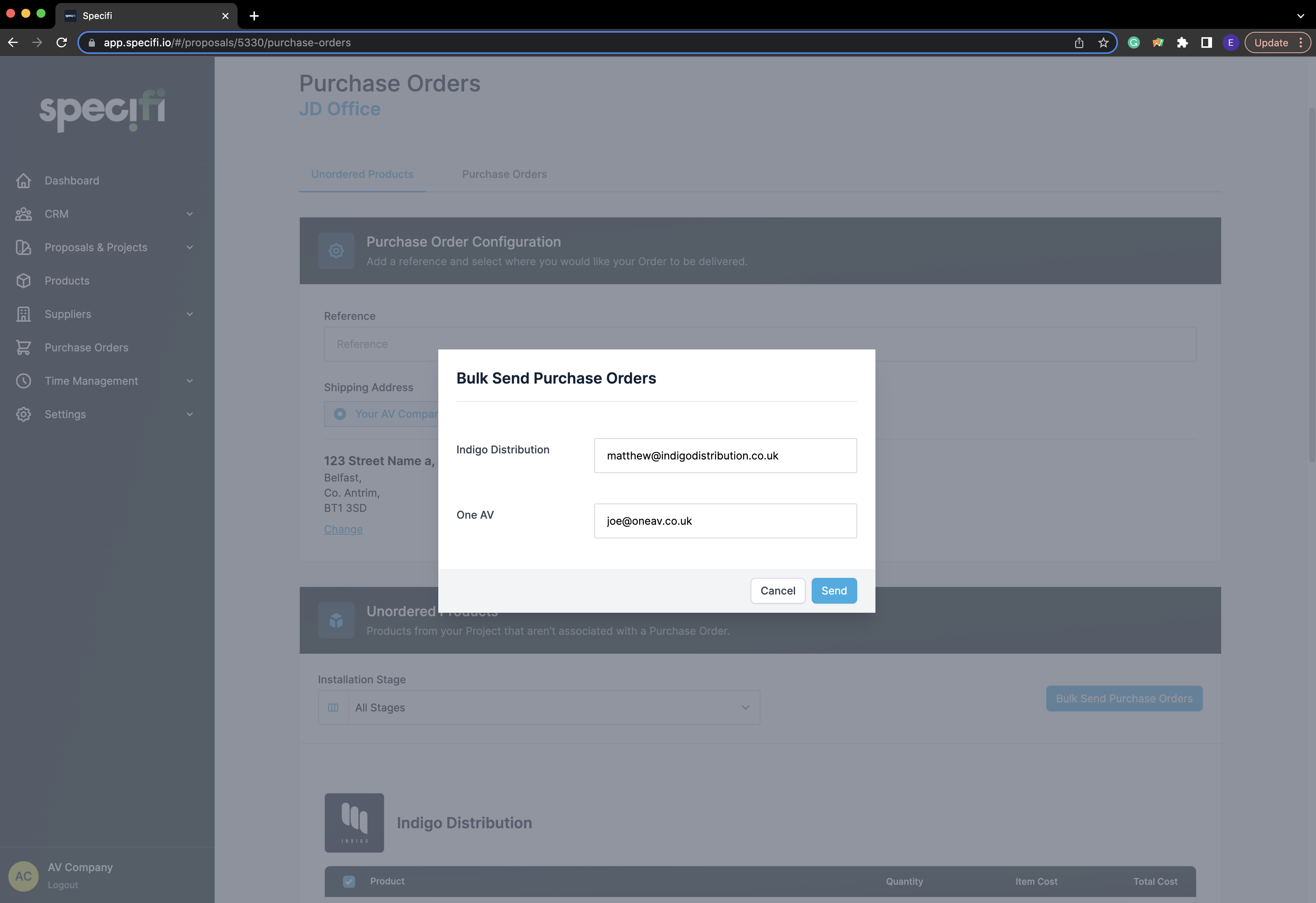 Specifi bulk send purchase orders screen