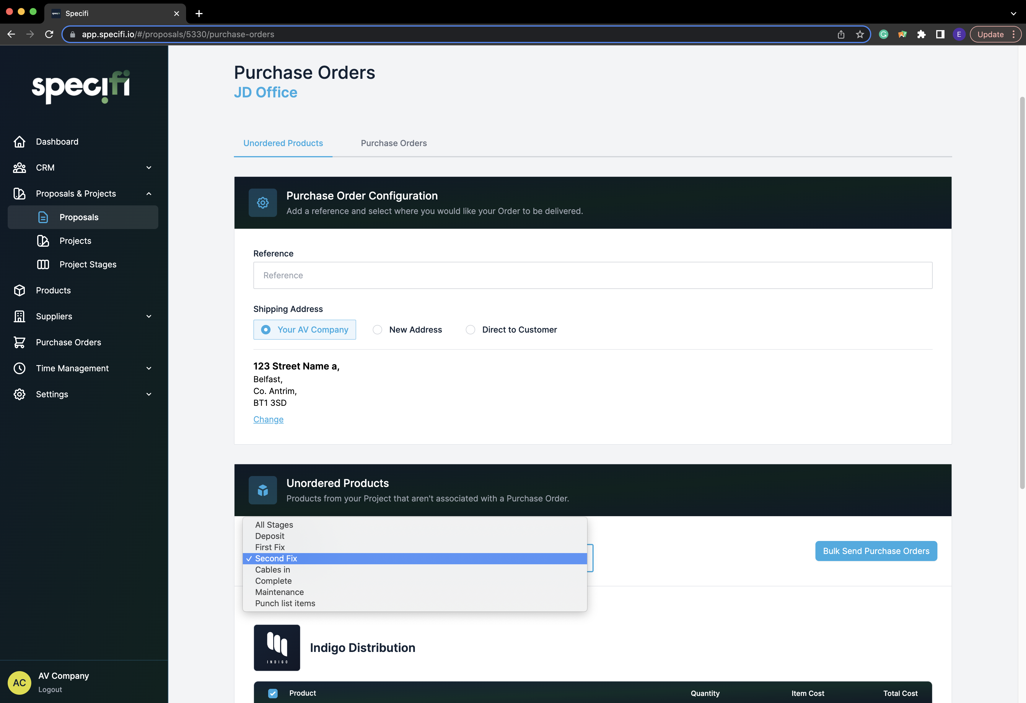 Specifi purchase orders organised by project stage