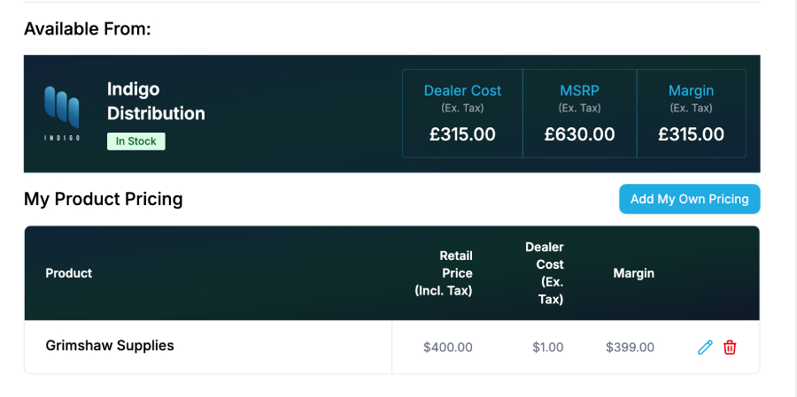Specifi supplier pricing and product data screen