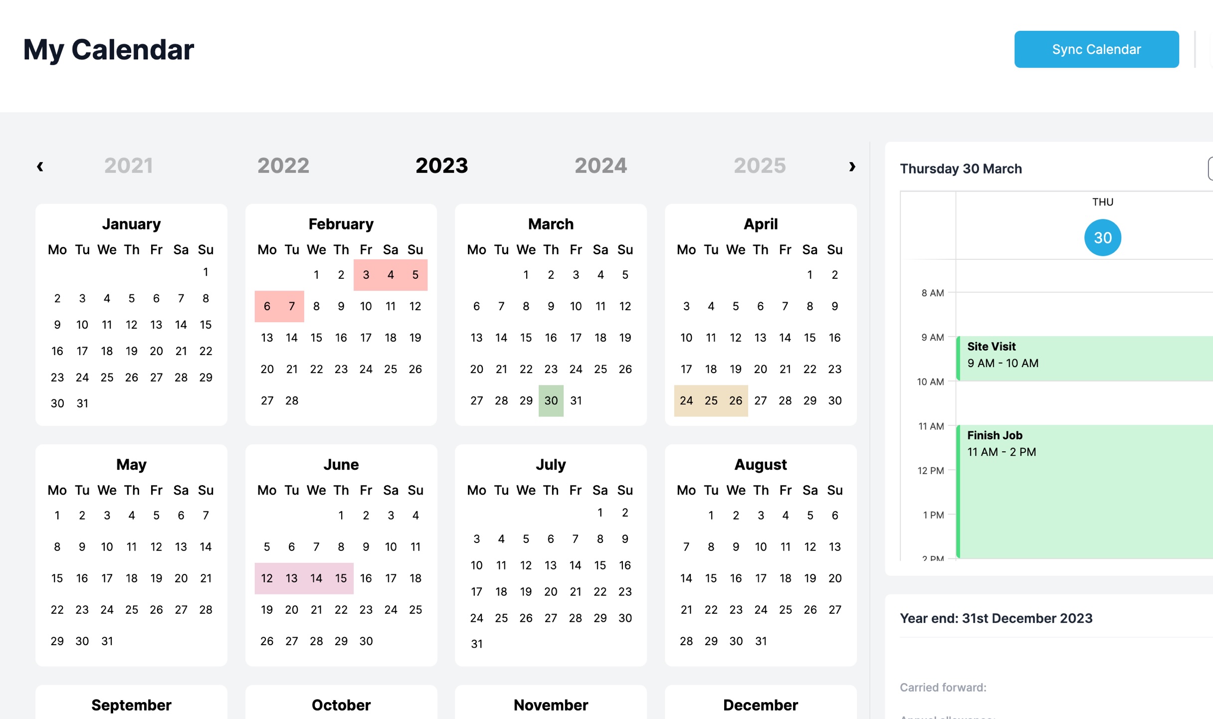 Specifi holidays and time off management screen