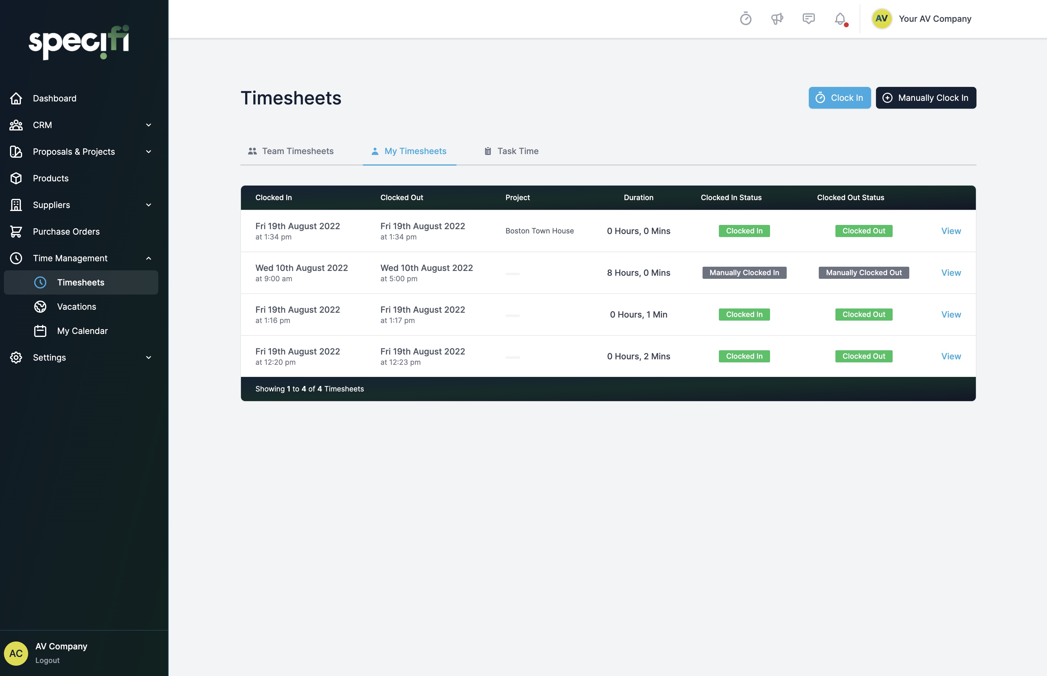 Specifi timesheets linked to work orders
