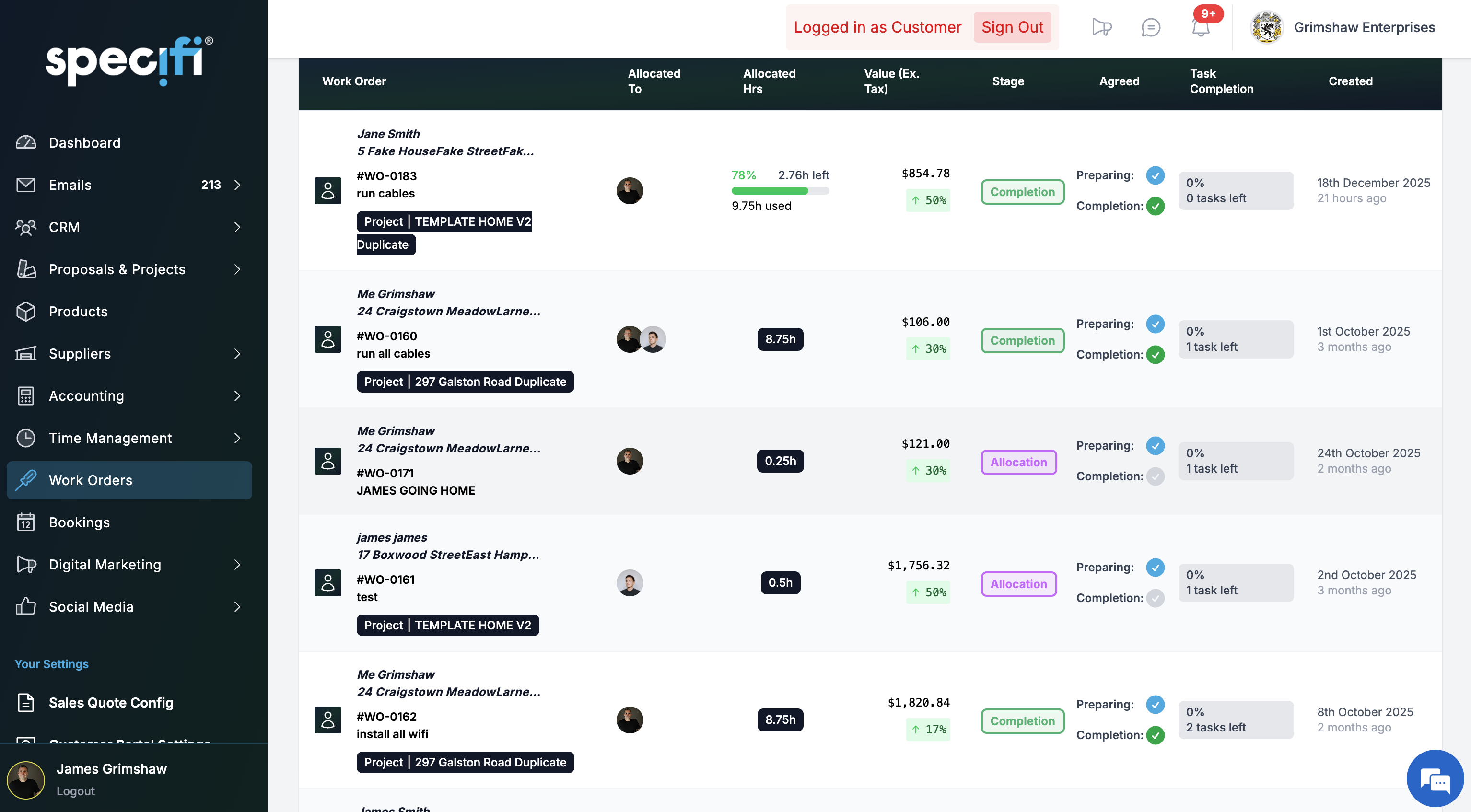 Specifi work order creation screen