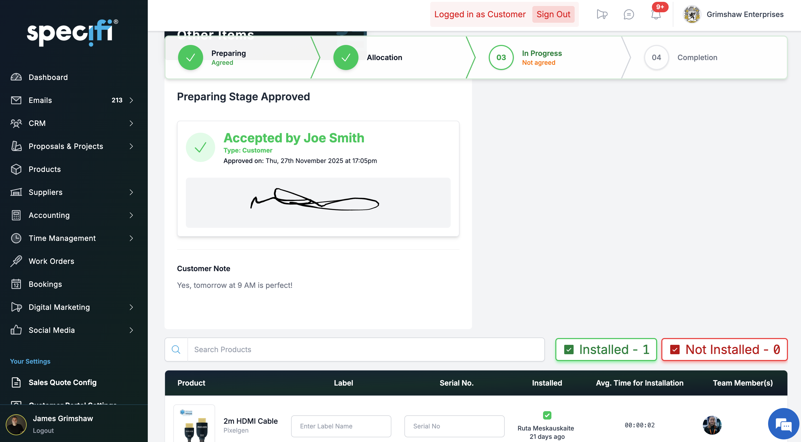 Specifi work order materials and pick list view