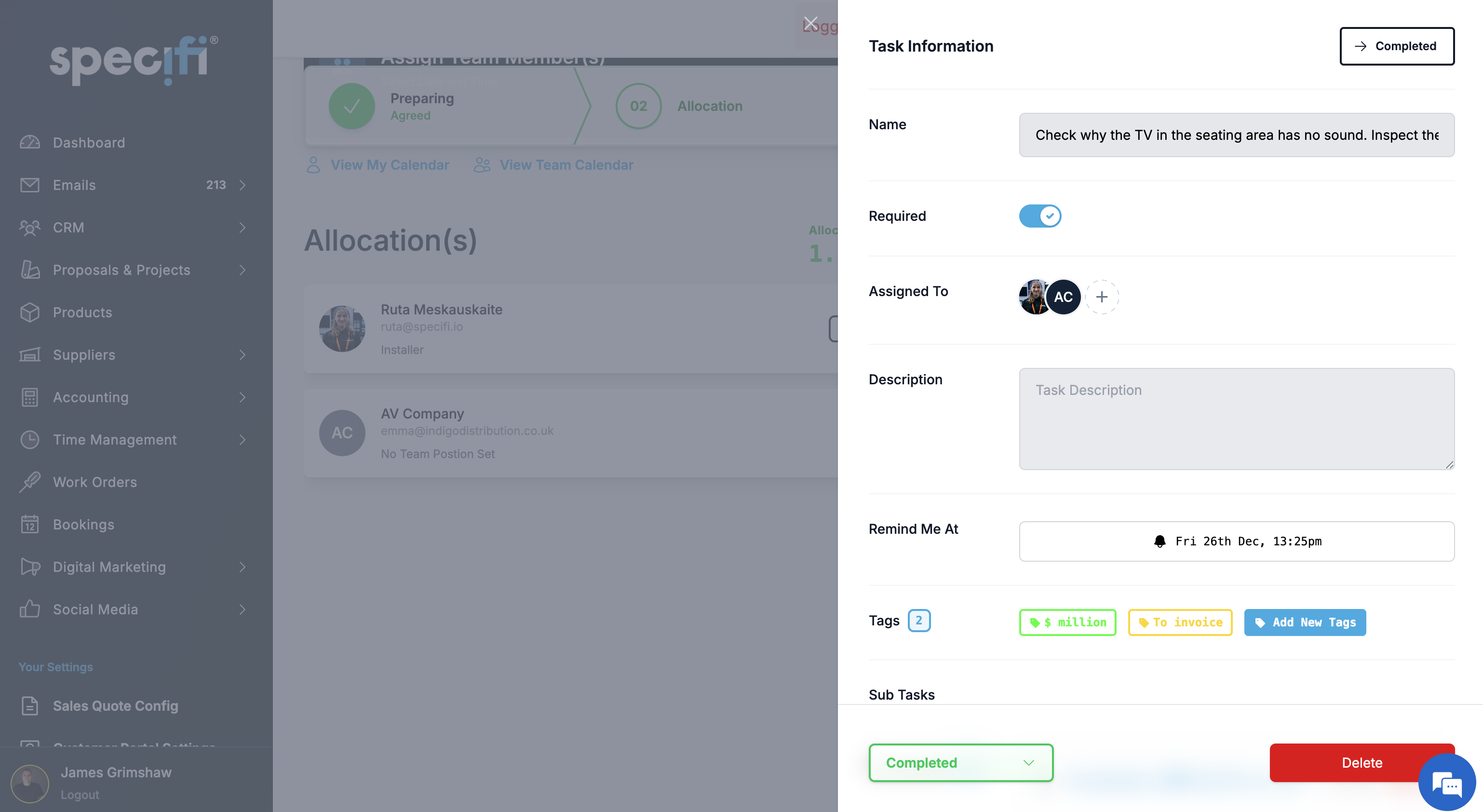 Specifi work order photo capture and customer sign-off screen